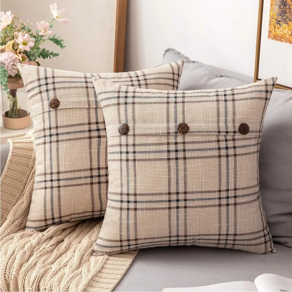 Farmhouse Plaid Linen Tan Cream Striped Button Throw Pillow Soft Decor Cover